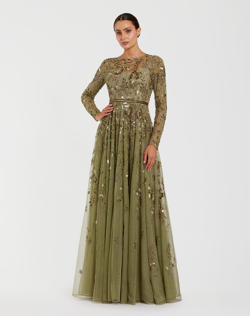 Mac Duggal 6182 - Floral Embellished Illusion Jewel Formal Gown In Green