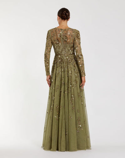 Mac Duggal 6182 - Floral Embellished Illusion Jewel Formal Gown In Green