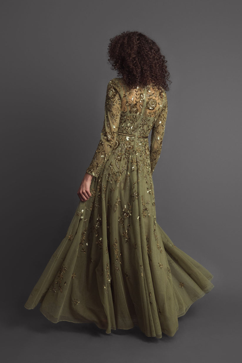 Mac Duggal 6182 - Floral Embellished Illusion Jewel Formal Gown In Green