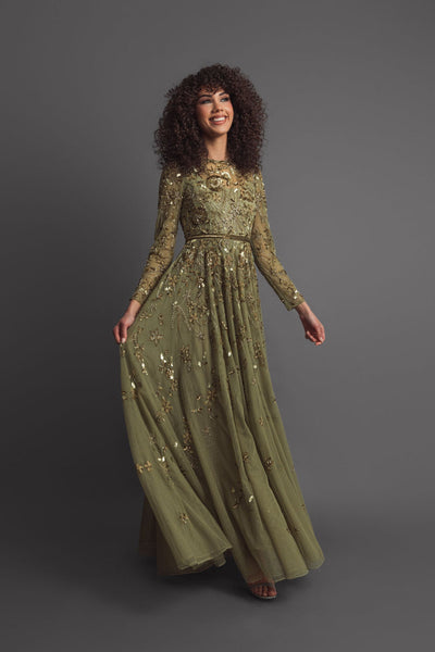 Mac Duggal 6182 - Floral Embellished Illusion Jewel Formal Gown In Green