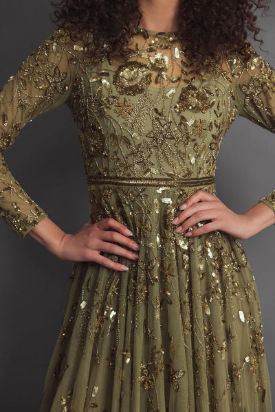 Mac Duggal 6182 - Floral Embellished Illusion Jewel Formal Gown In Green