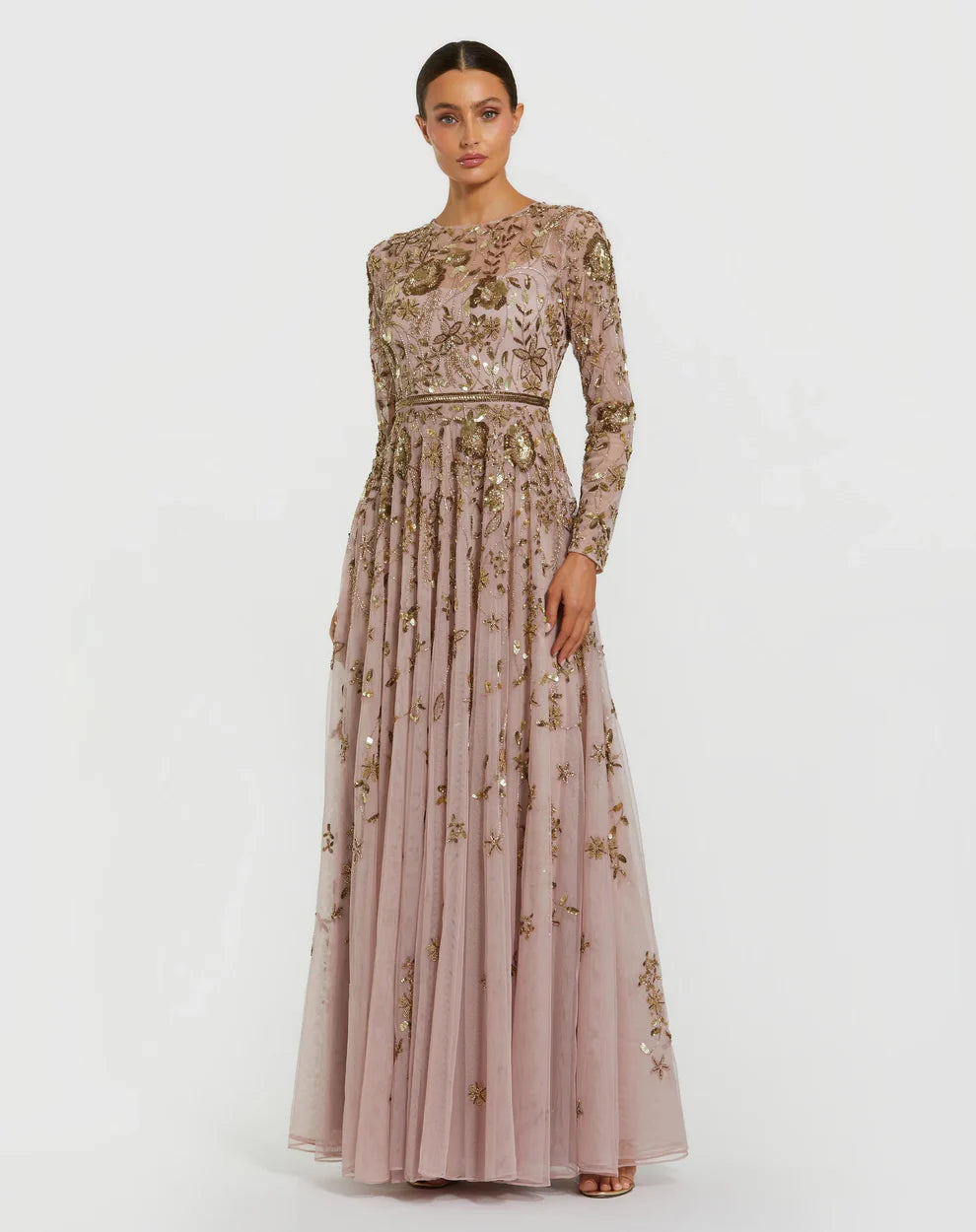 Mac Duggal 6182 - Floral Embellished Long Sleeve A-Line Gown