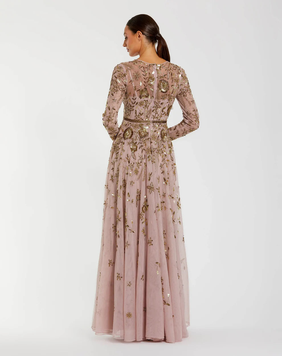 Mac Duggal 6182 - Floral Embellished Long Sleeve A-Line Gown