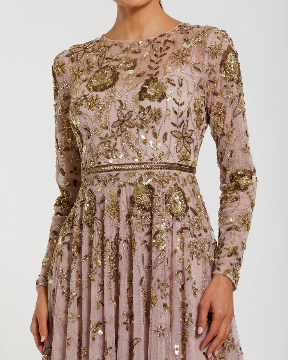 Mac Duggal 6182 - Floral Embellished Long Sleeve A-Line Gown