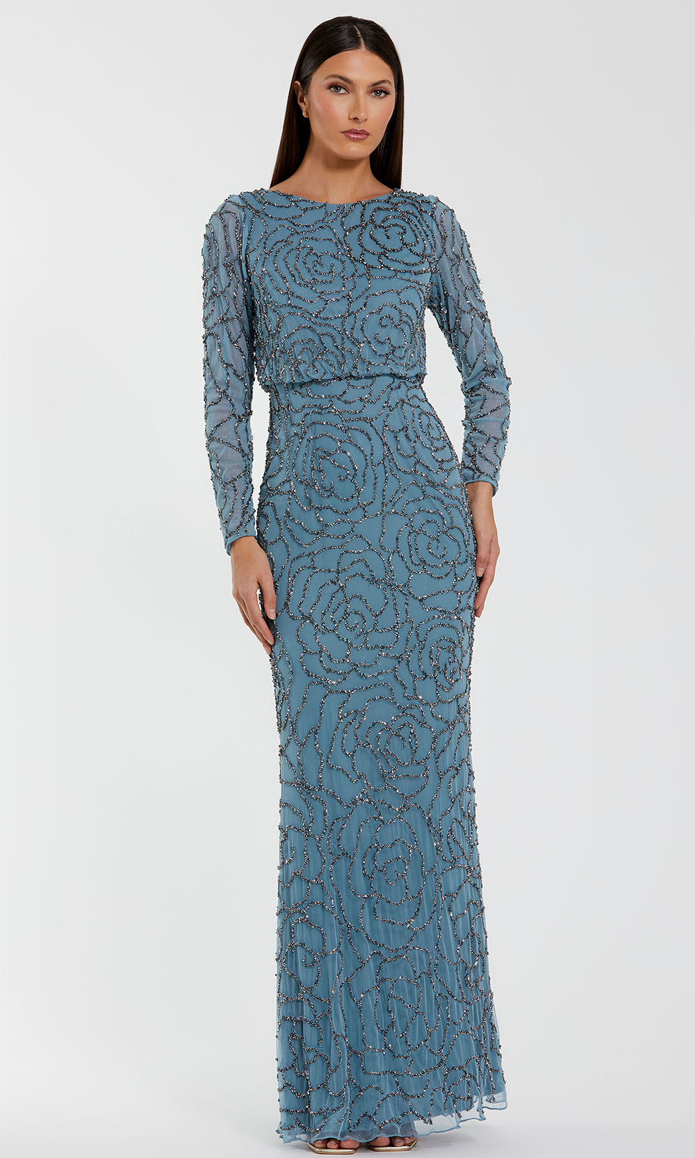 Mac Duggal 6189 - Long Sleeve Beaded Mesh Formal Gown Mother of the Bride Dresses in Blue