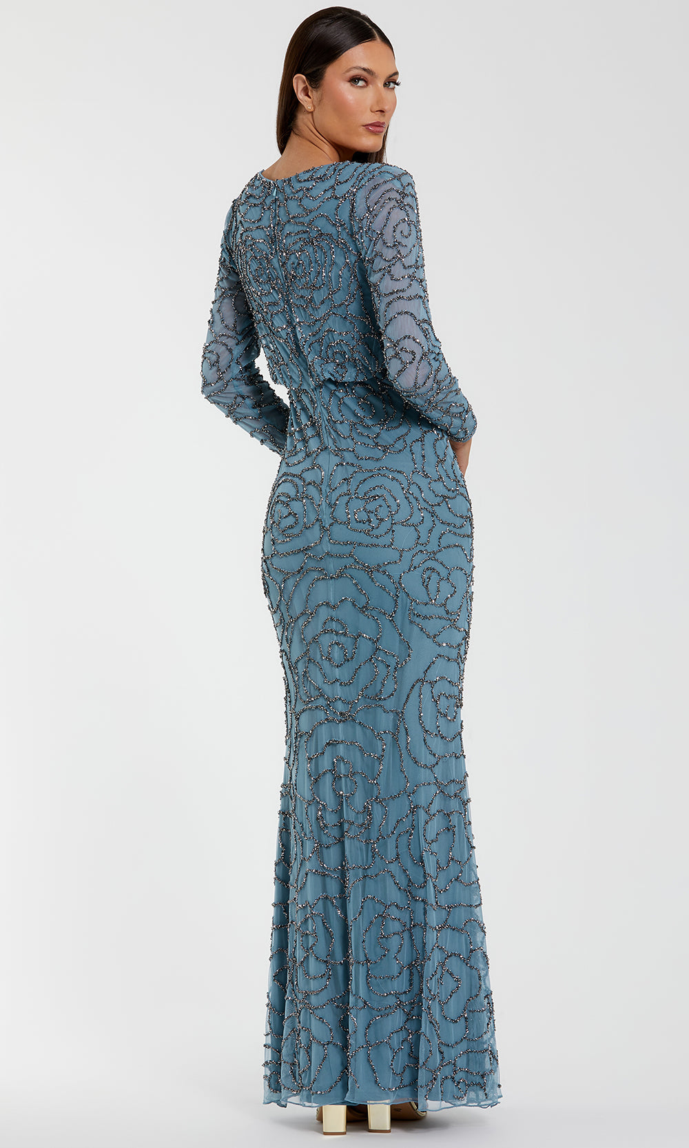 Mac Duggal 6189 - Long Sleeve Beaded Mesh Formal Gown Mother of the Bride Dresses in Blue