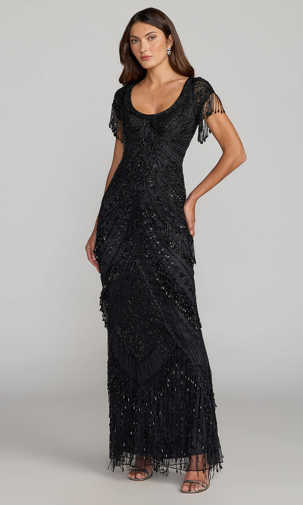 Mac Duggal 6190 - Scoop Neck Beaded Gown with Fringe Detail Mother of the Bride Dresses in Black