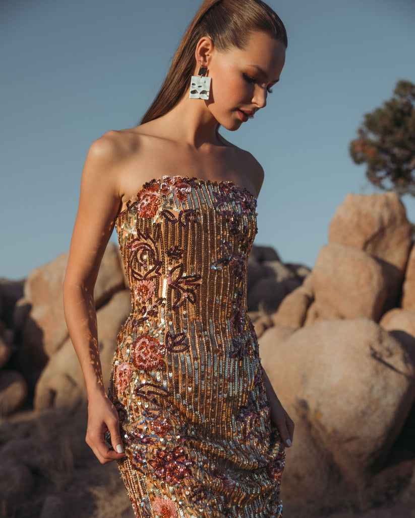 Mac Duggal 6193 - Sequined Straight Neckline Fitted Dress Prom Dresses in Gold and Multi