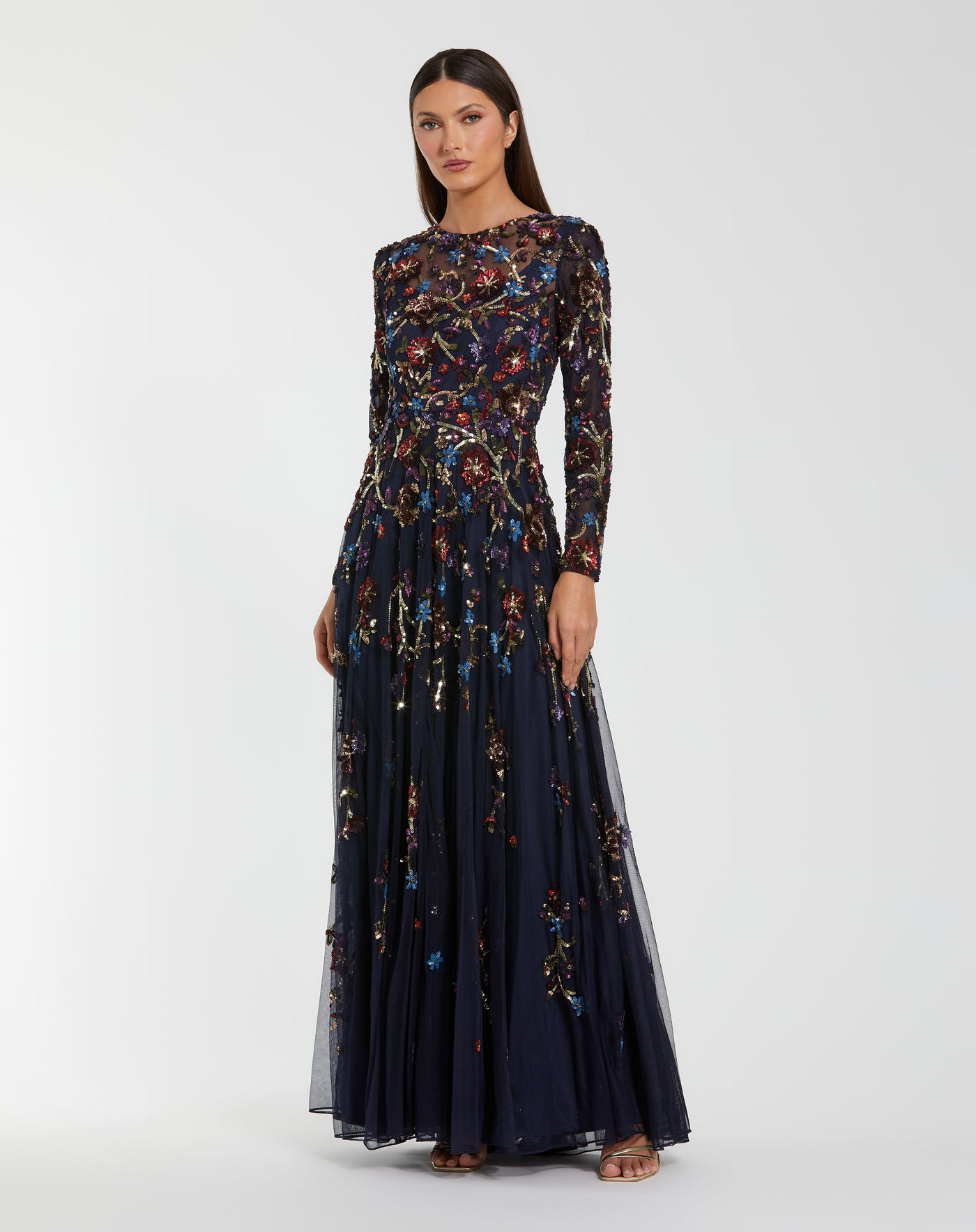 Mac Duggal 6198 - Sparkle A-Line Long Sleeve Gown In Blue and Multi