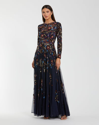 Mac Duggal 6198 - Sparkle A-Line Long Sleeve Gown In Blue and Multi