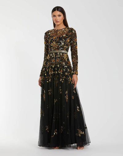 Mac Duggal 6200 - Beaded Sequin Long Sleeve Gown In Black and Gold