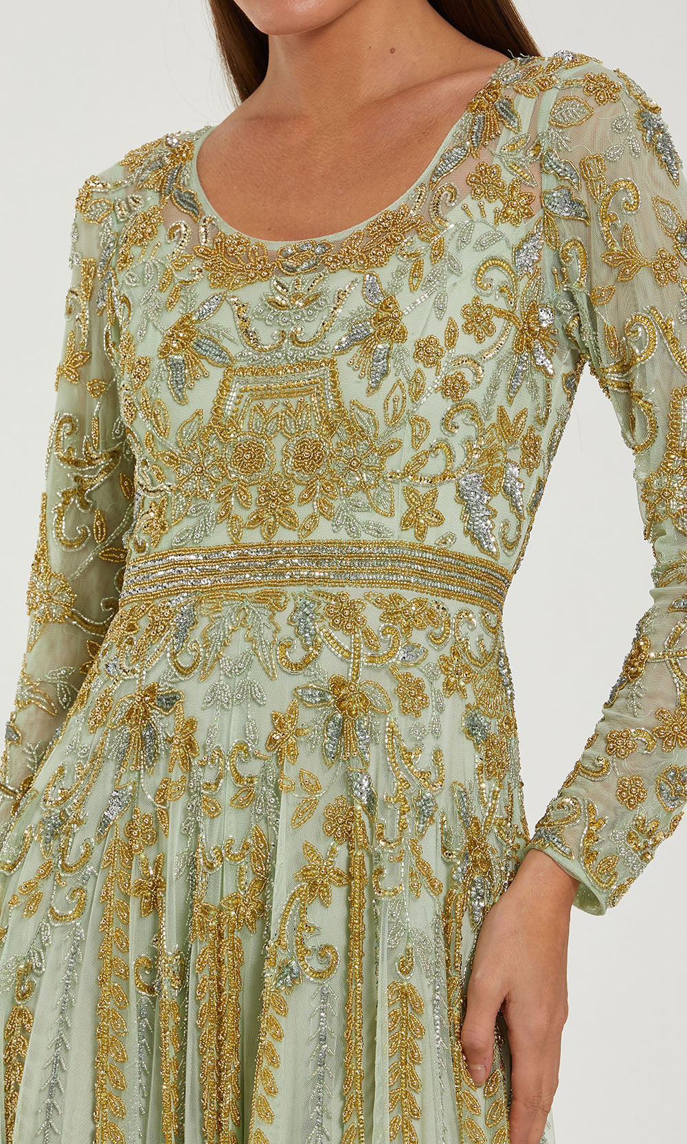 Mac Duggal 6201 - Scoop Neckline Gold Beaded Formal Gown Mother of the Bride Dresses in Light Sage