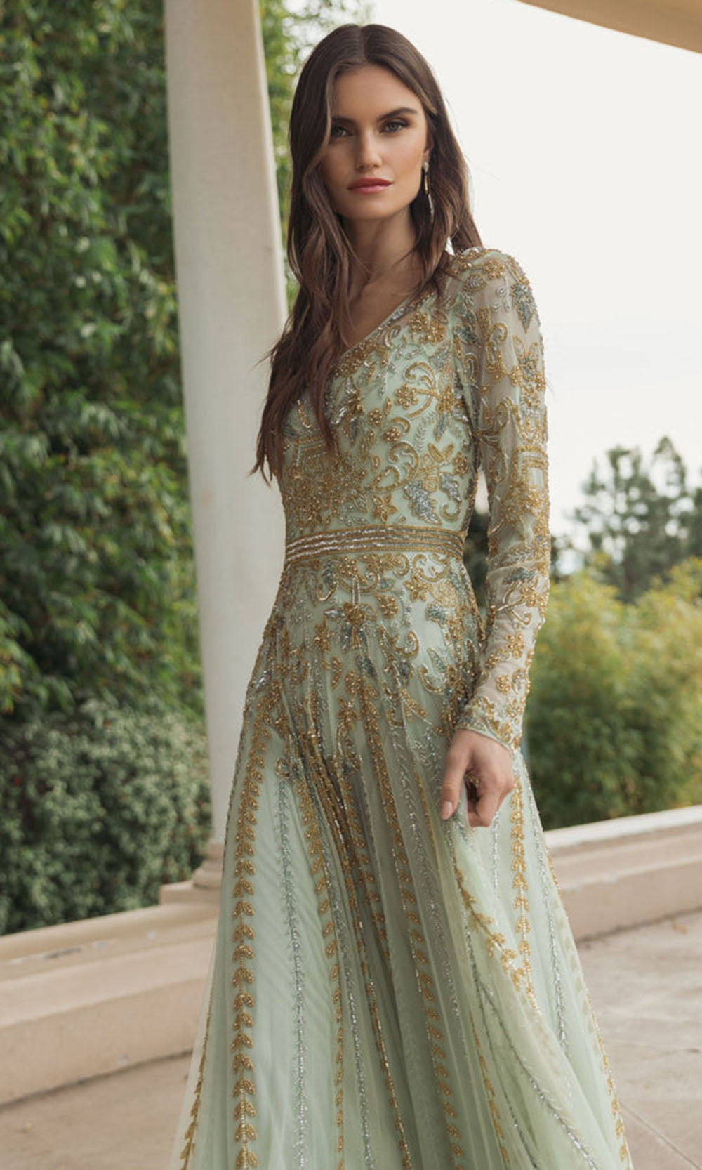 Mac Duggal 6201 - Scoop Neckline Gold Beaded Formal Gown Mother of the Bride Dresses in Light Sage
