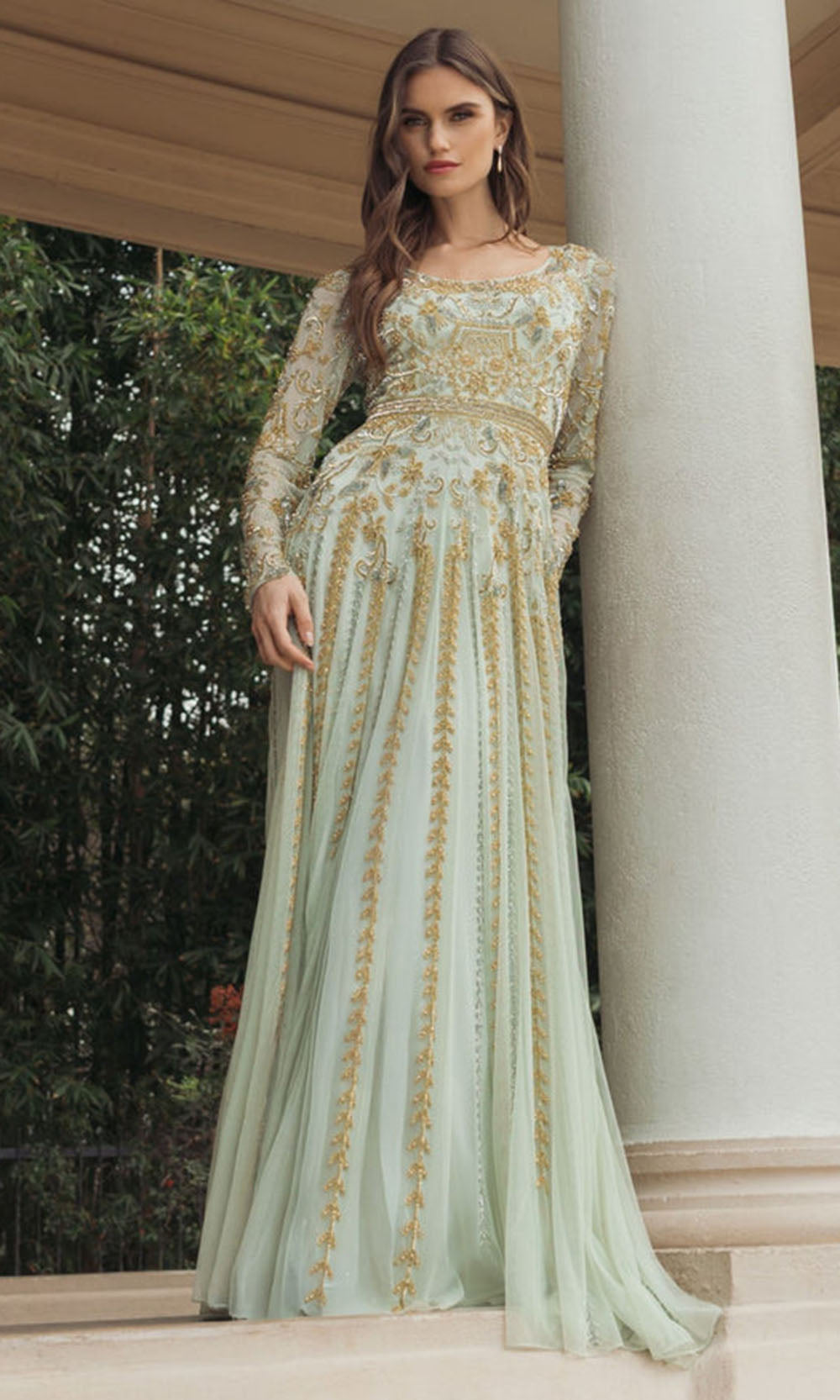 Mac Duggal 6201 - Scoop Neckline Gold Beaded Formal Gown Mother of the Bride Dresses in Light Sage