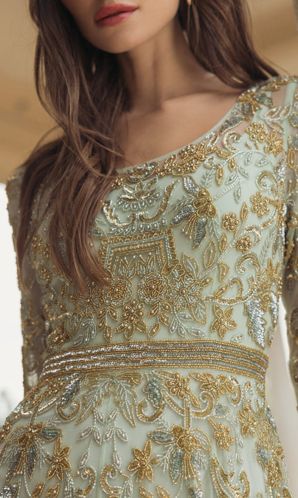 Mac Duggal 6201 - Scoop Neckline Gold Beaded Formal Gown Mother of the Bride Dresses in Light Sage