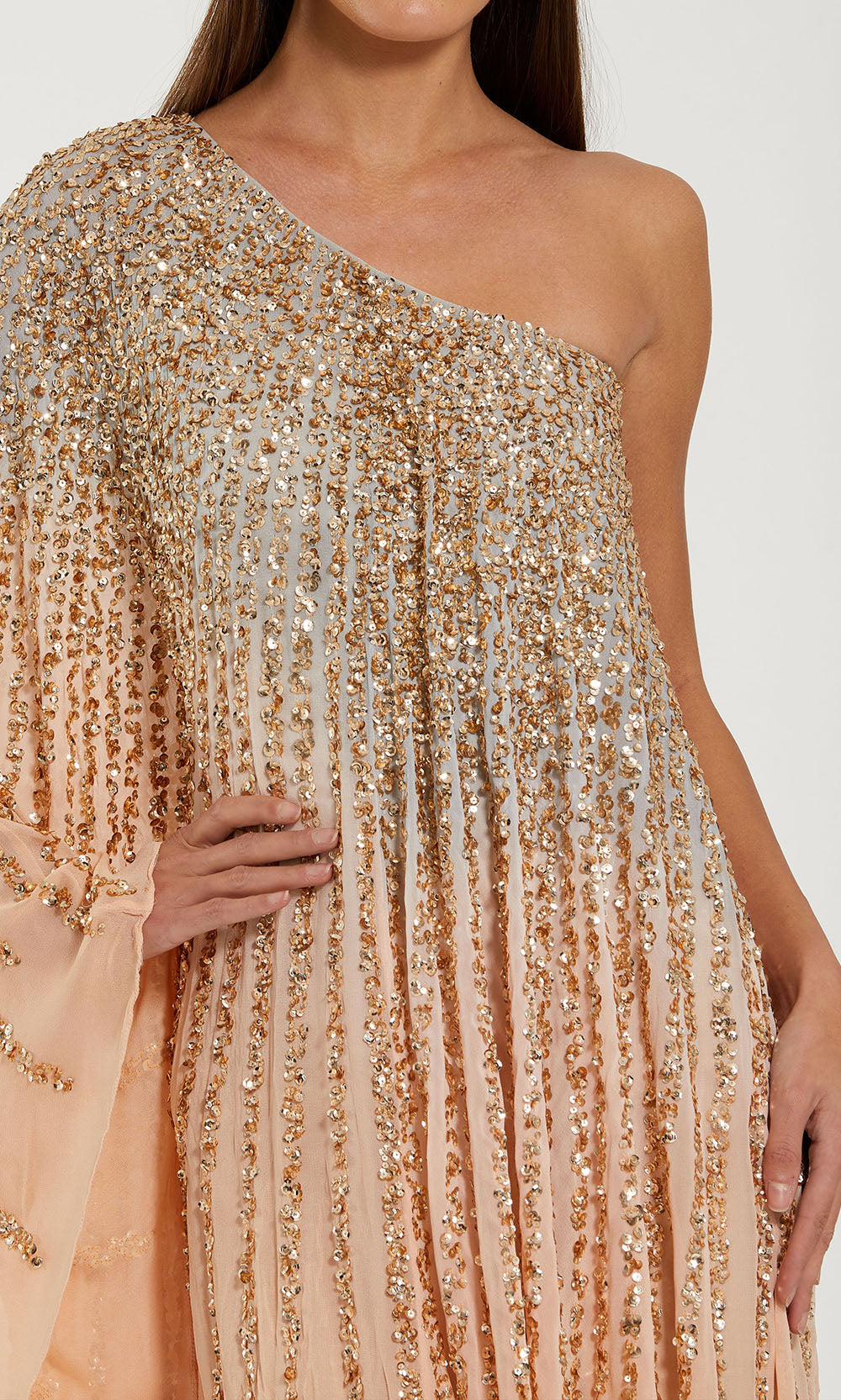 Mac Duggal 6204 - One Shoulder Cape Sequin High Low Dress In Neutral and Gold