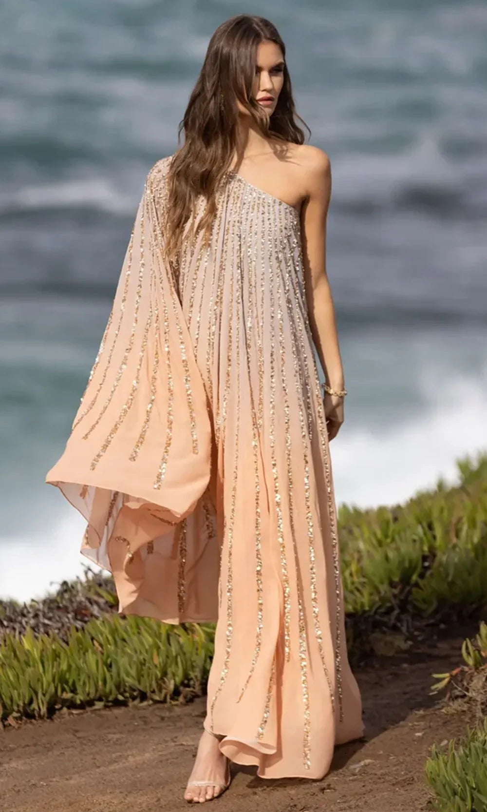 Mac Duggal 6204 - One Shoulder Cape Sequin High Low Dress In Neutral and Gold