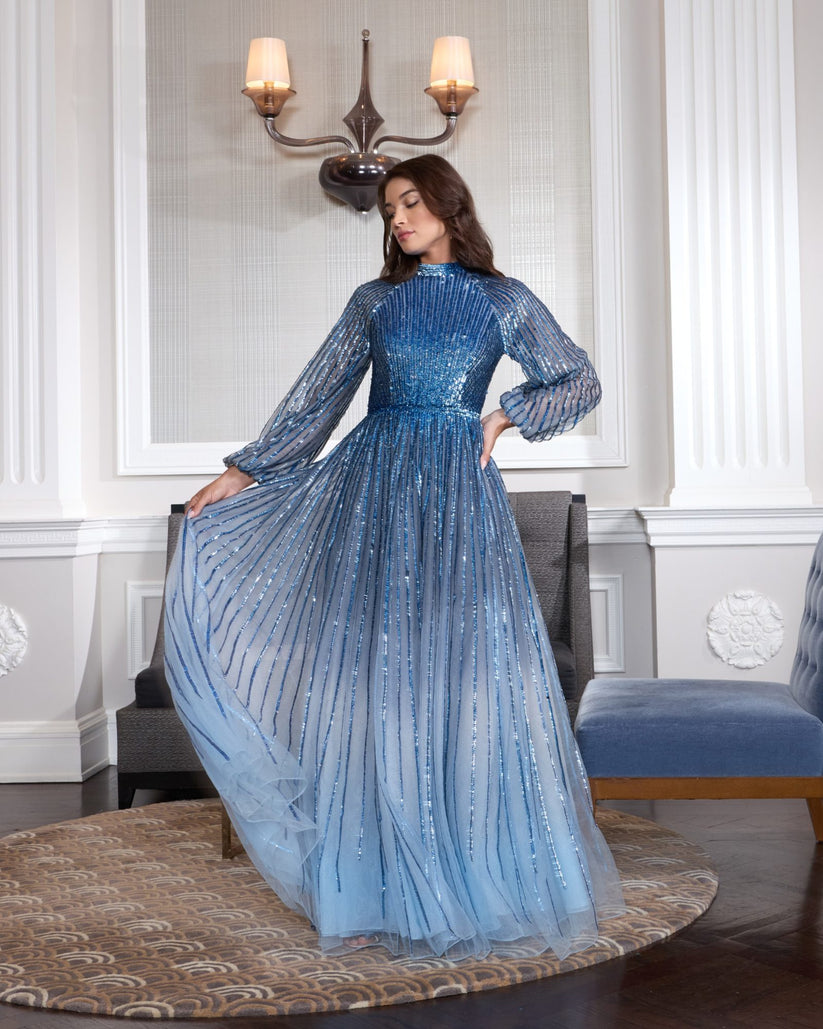 Mac Duggal 6206 - High Neck Sequin Embellished Long Dress Formal Gowns in Blue