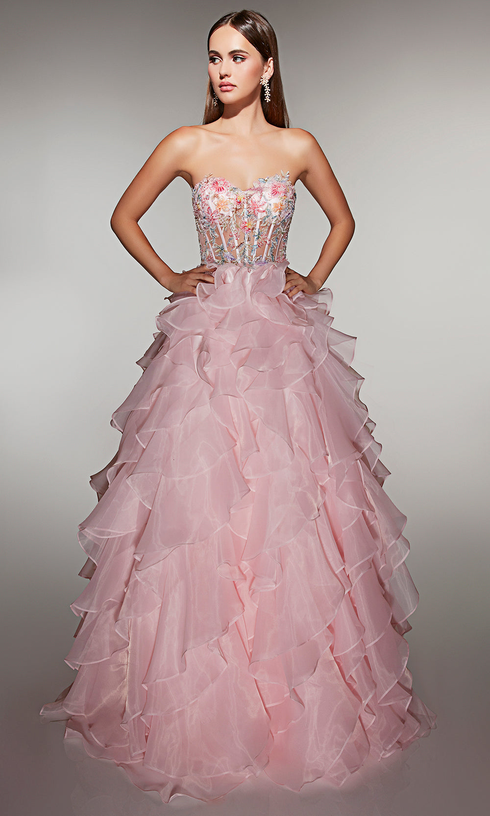 Alyce Paris 62069 - Tiered Ruffle Gown with Floral Bodice Prom Dresses