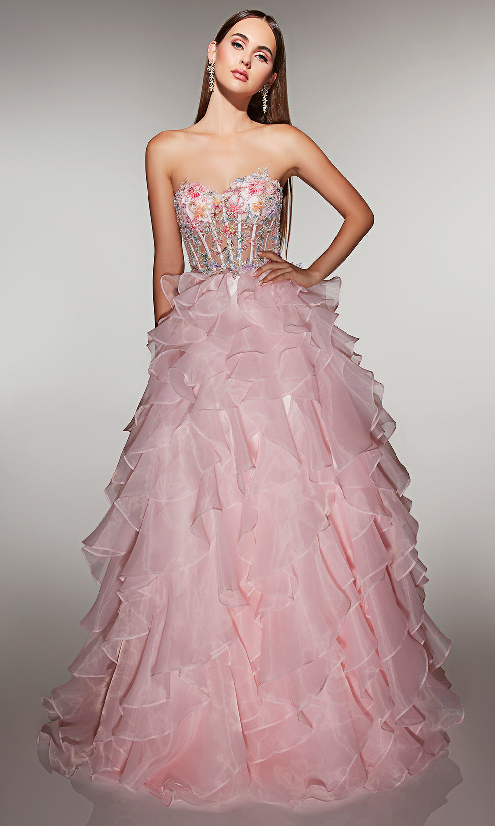 Alyce Paris 62069 - Tiered Ruffle Gown with Floral Bodice Prom Dresses