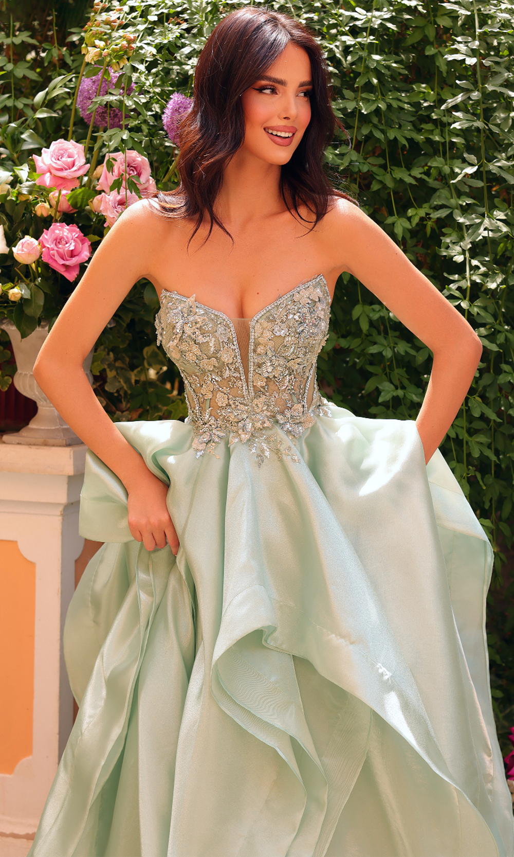Clarisse 62131 - Plunging Neckline Floral Lace Applique Gown Prom Dresses