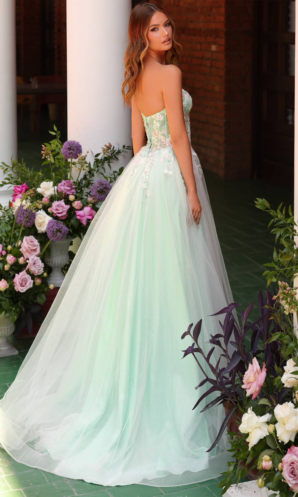 Clarisse 62135 - Strapless Floral Beaded Gown with Lace-Up Back Prom Dresses