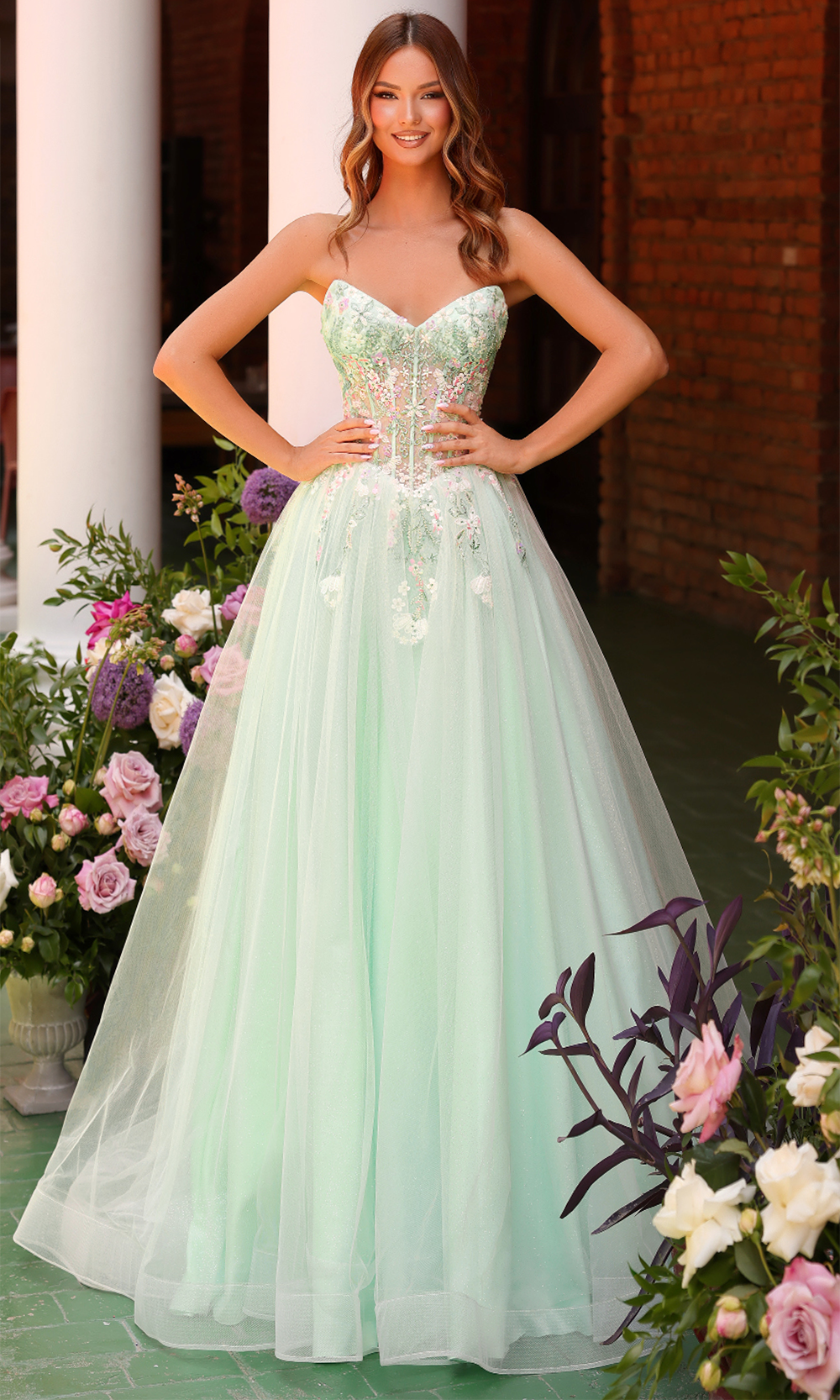 Clarisse 62135 - Strapless Floral Beaded Gown with Lace-Up Back Prom Dresses