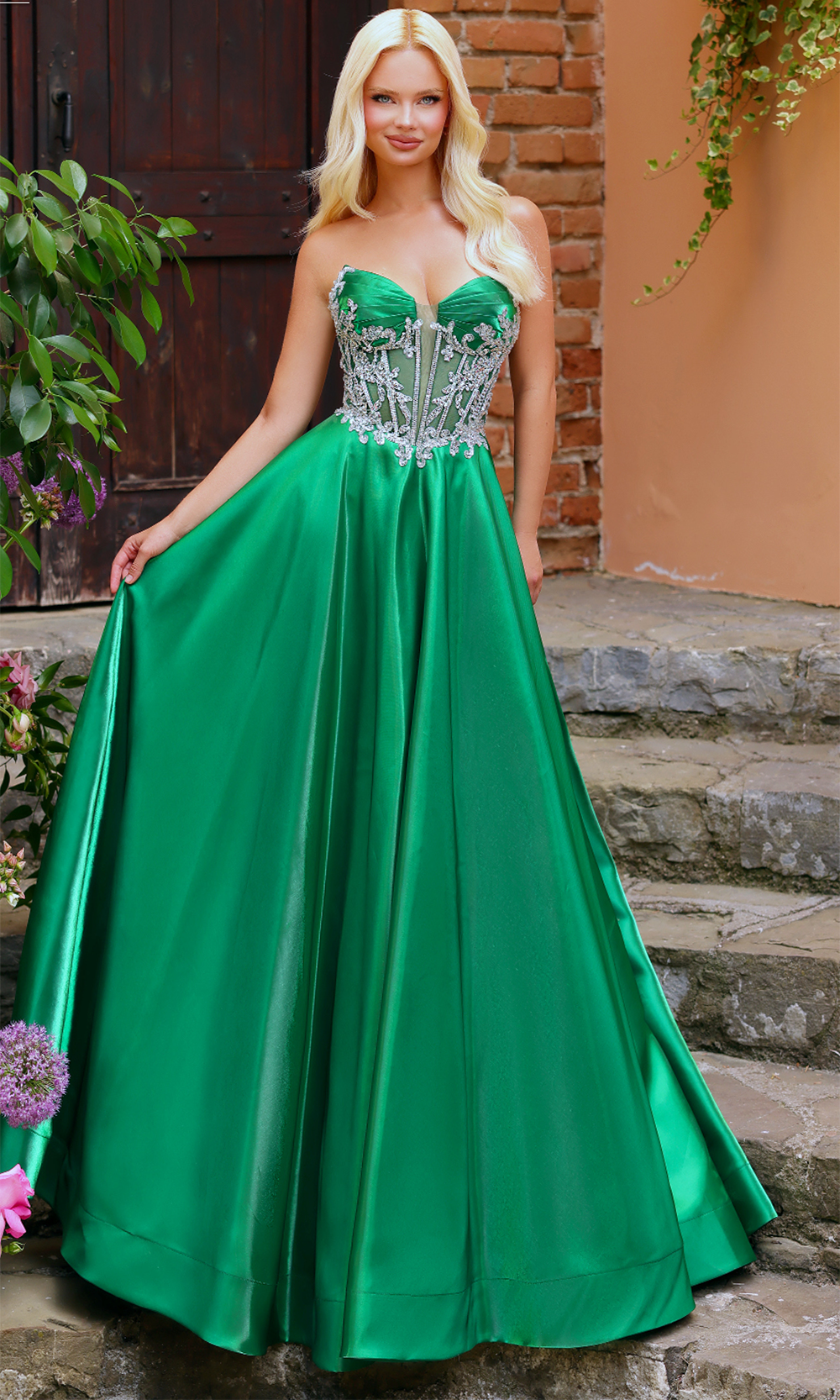 Clarisse 62140 - Long Liquid Satin A-Line Dress - Beaded Embellishments, Sheer Corset Bodice, Lace-Up Back, Pleated Bust, Sweep Train, Strapless, Clarisse 62140 - Long Liquid Satin A-Line Dress - Beaded Embellishments, Sheer Corset Bodice, Lace-Up Back, Pleated Bust, Sweep Train, Strapless,