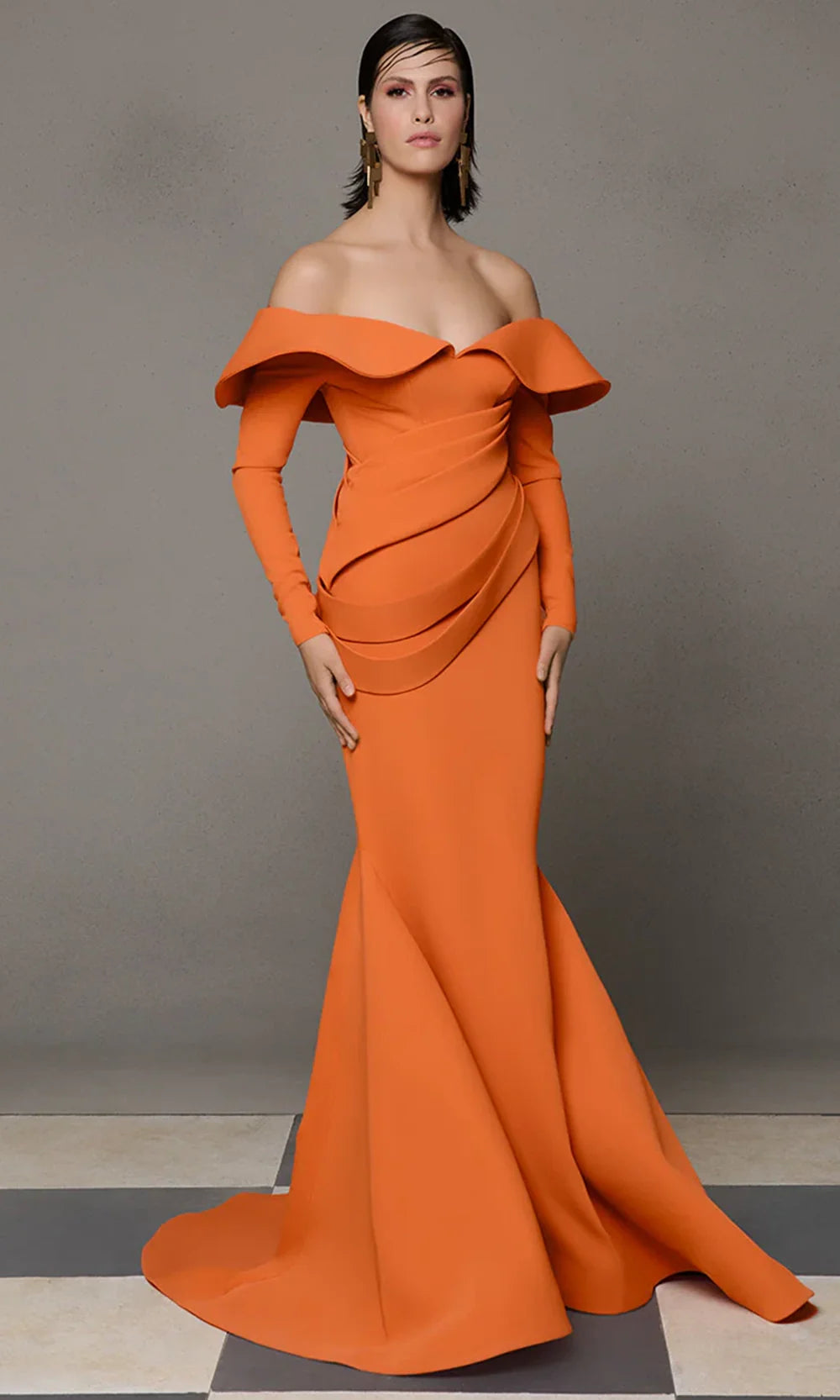MNM COUTURE N0623 - Layered Waist Drape Mermaid Gown Mother Of The Bride Dresses in Orange 