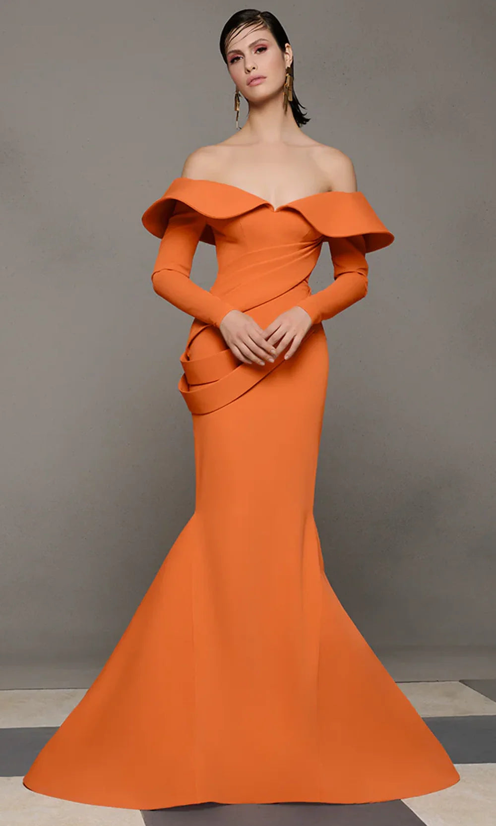 MNM COUTURE N0623 - Layered Waist Drape Mermaid Gown Mother Of The Bride Dresses in Orange 