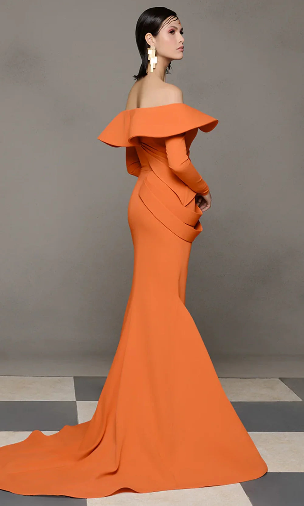 MNM COUTURE N0623 - Layered Waist Drape Mermaid Gown Mother Of The Bride Dresses in Orange 