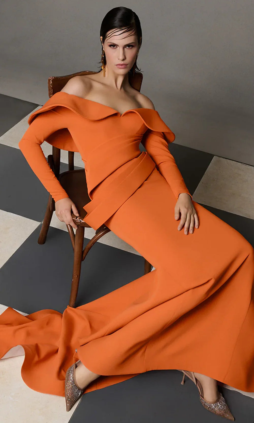 MNM COUTURE N0623 - Layered Waist Drape Mermaid Gown Mother Of The Bride Dresses in Orange 