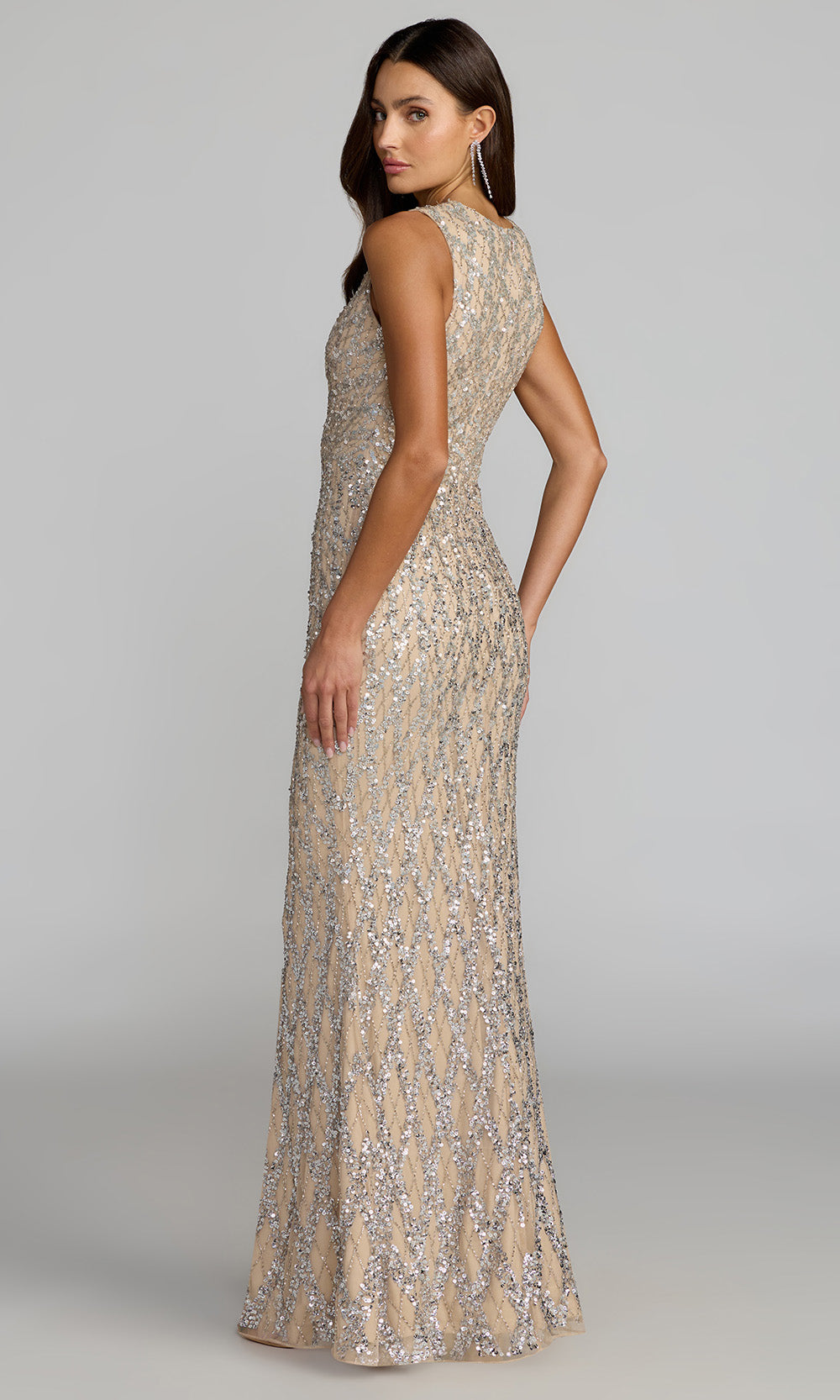 Mac Duggal 6249 - Geometric Beadwork Jewel Neck Evening Gown In Neutral