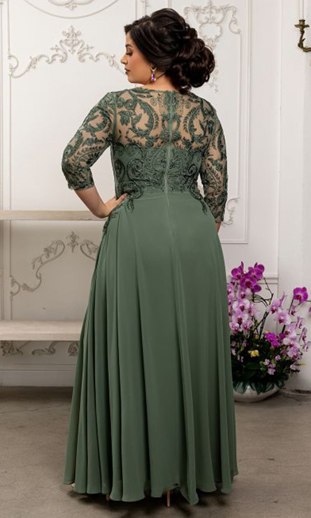 May Queen MQ2210 - Jewel Neck Lace Bodice Formal Gown