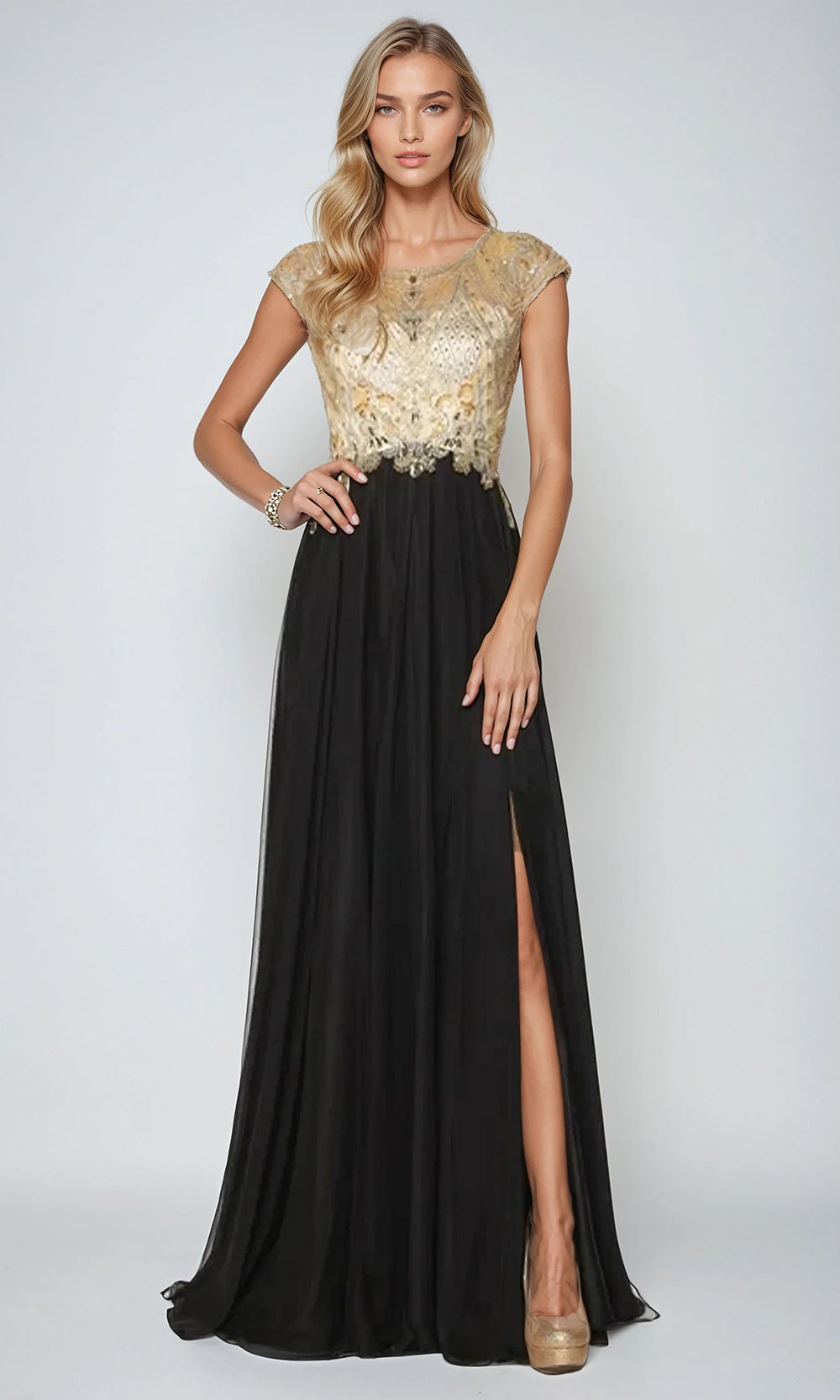 Juliet Dresses 636 - Scoop Neck Evening Gown with Slit Prom Dresses