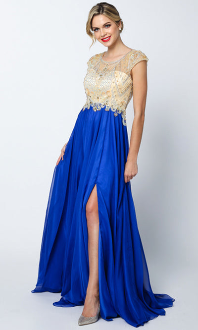Juliet Dresses 636 - Scoop Neck Evening Gown with Slit Prom Dresses