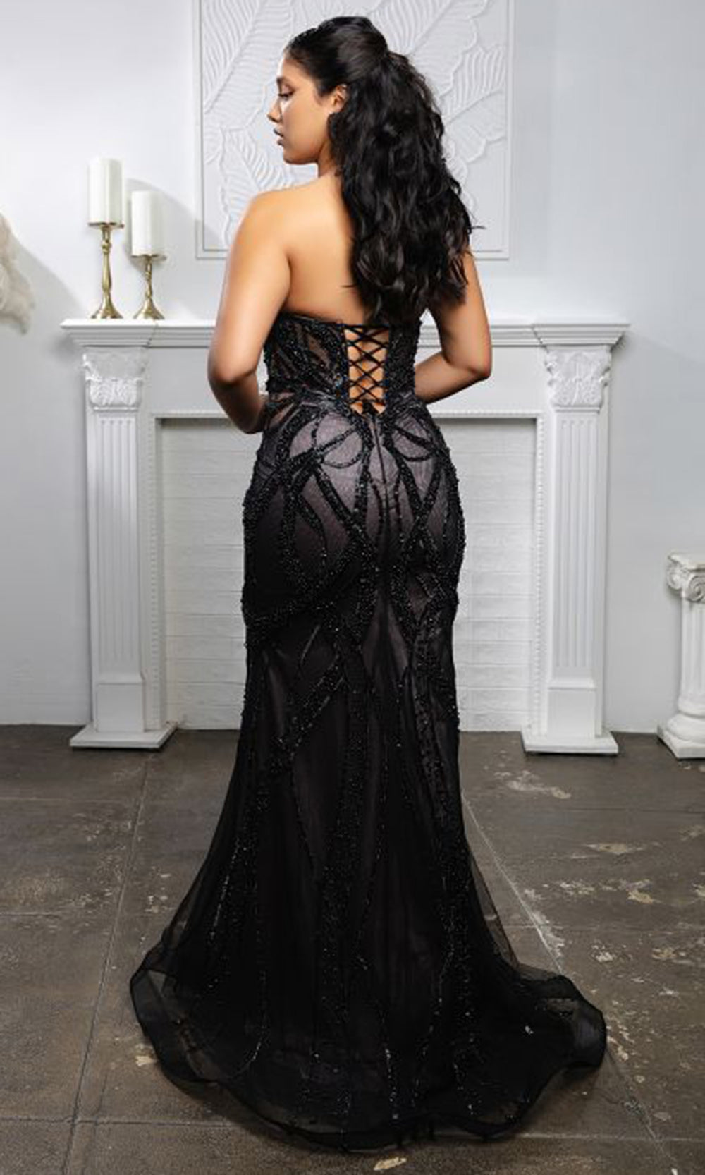May Queen RQ8211 - Lace-Up Back Beaded Pattern Evening Gown