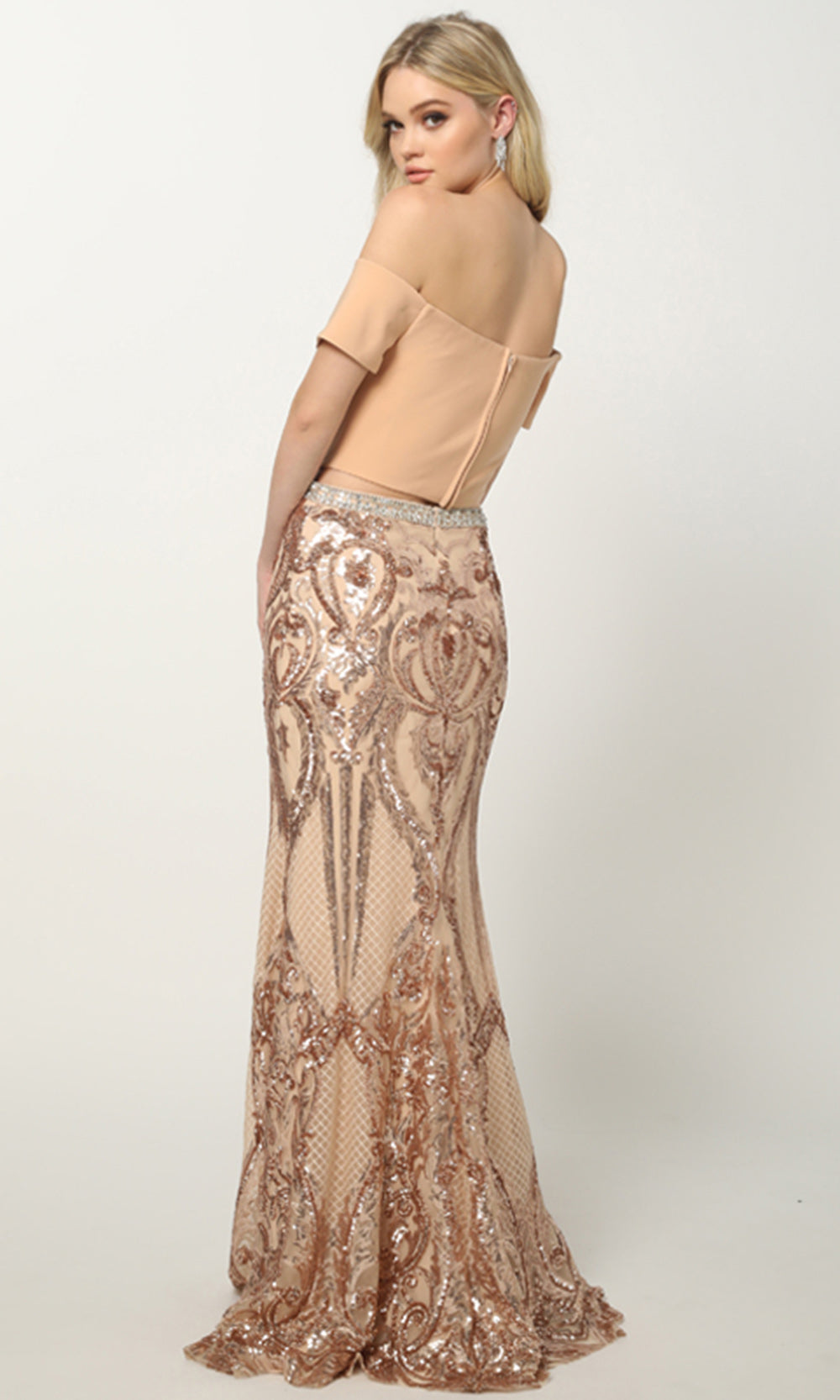 Juliet Dresses 663 - Sequin Skirt Short Sleeve Gown Formal Gowns