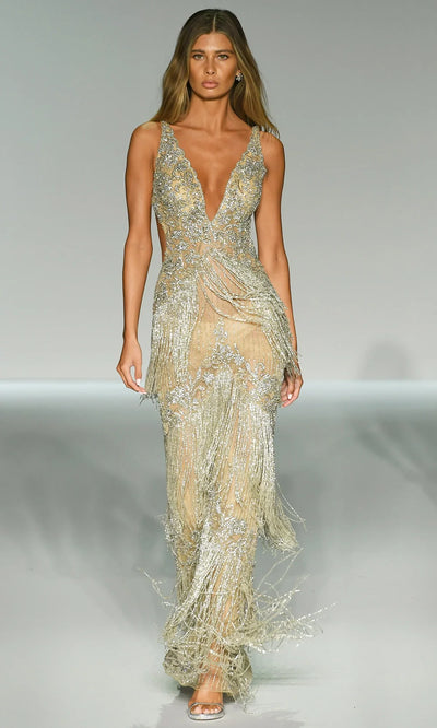 Sherri Hill 67045 - Plunging Neckline Beaded Fringe Gown Formal Gowns