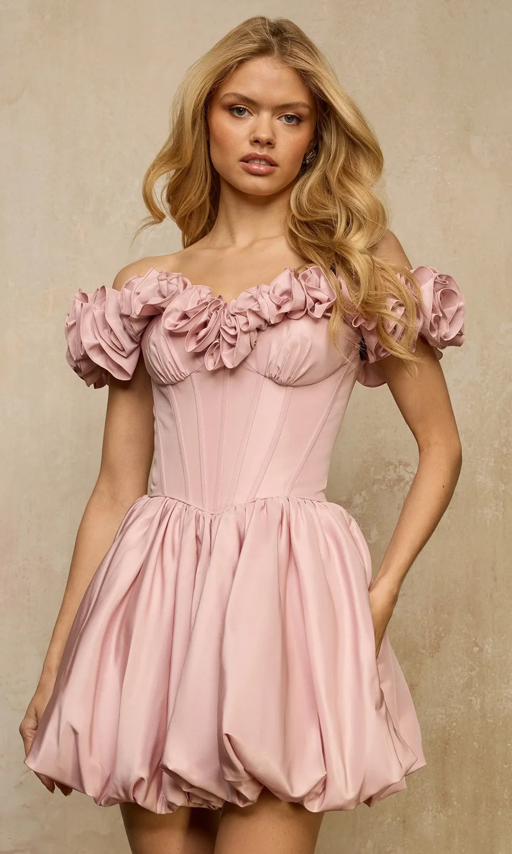 Sherri Hill 57394 - Ruffled Neckline Bubble Short Dress In Pink