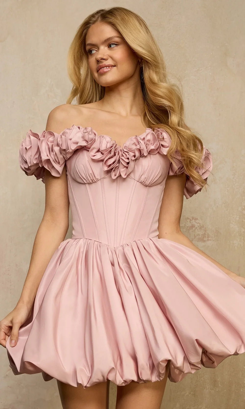 Sherri Hill 57394 - Ruffled Neckline Bubble Short Dress In Pink