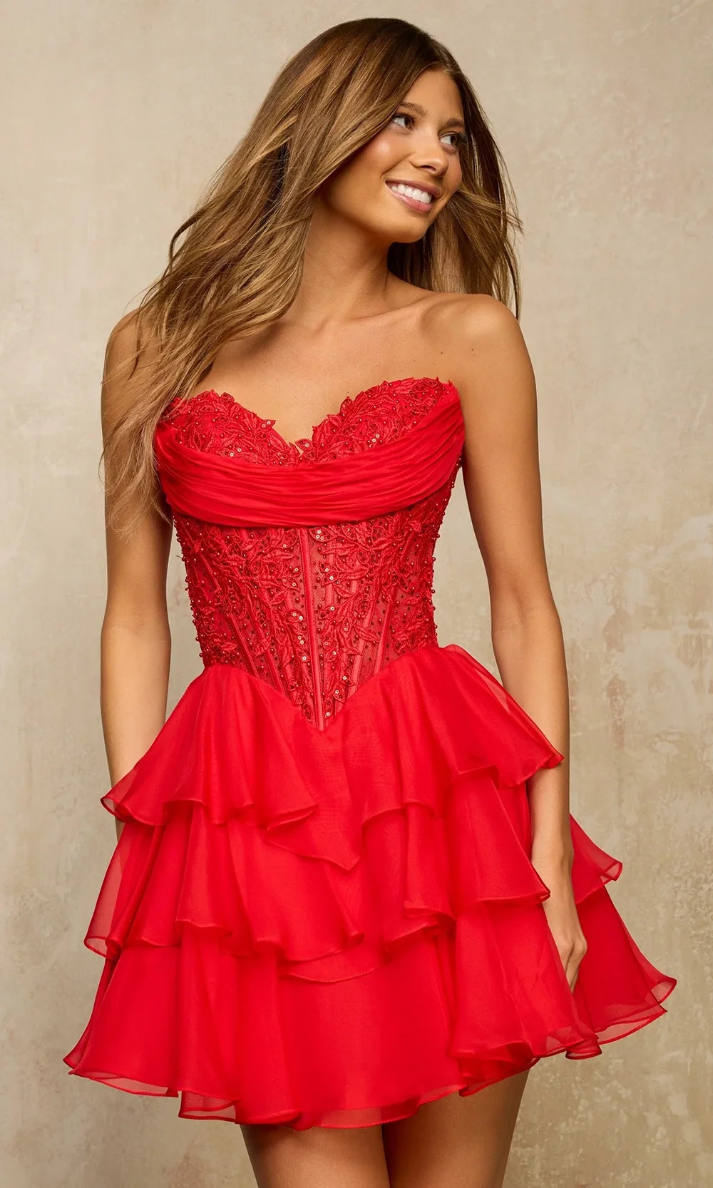 Sherri Hill 57572 - Embroidered Corset Ruffle Mini Dress In Red
