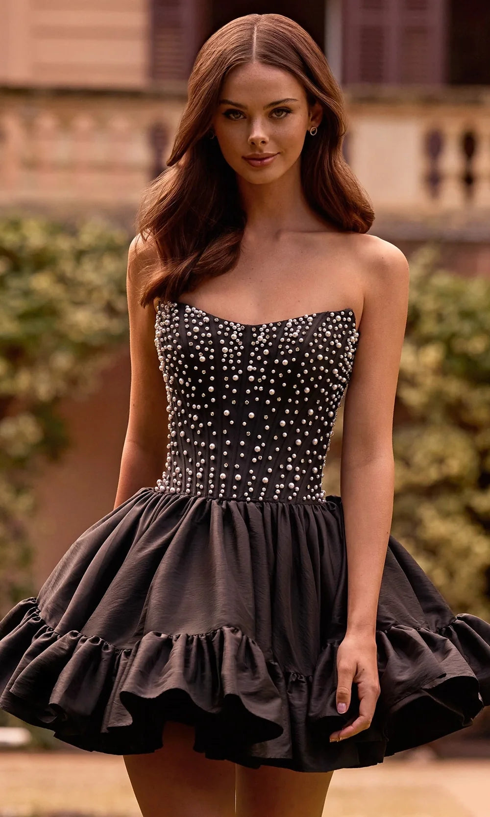 Sherri Hill 57291 - Pearl Embellished Corset Layered A-Line Dress In Black