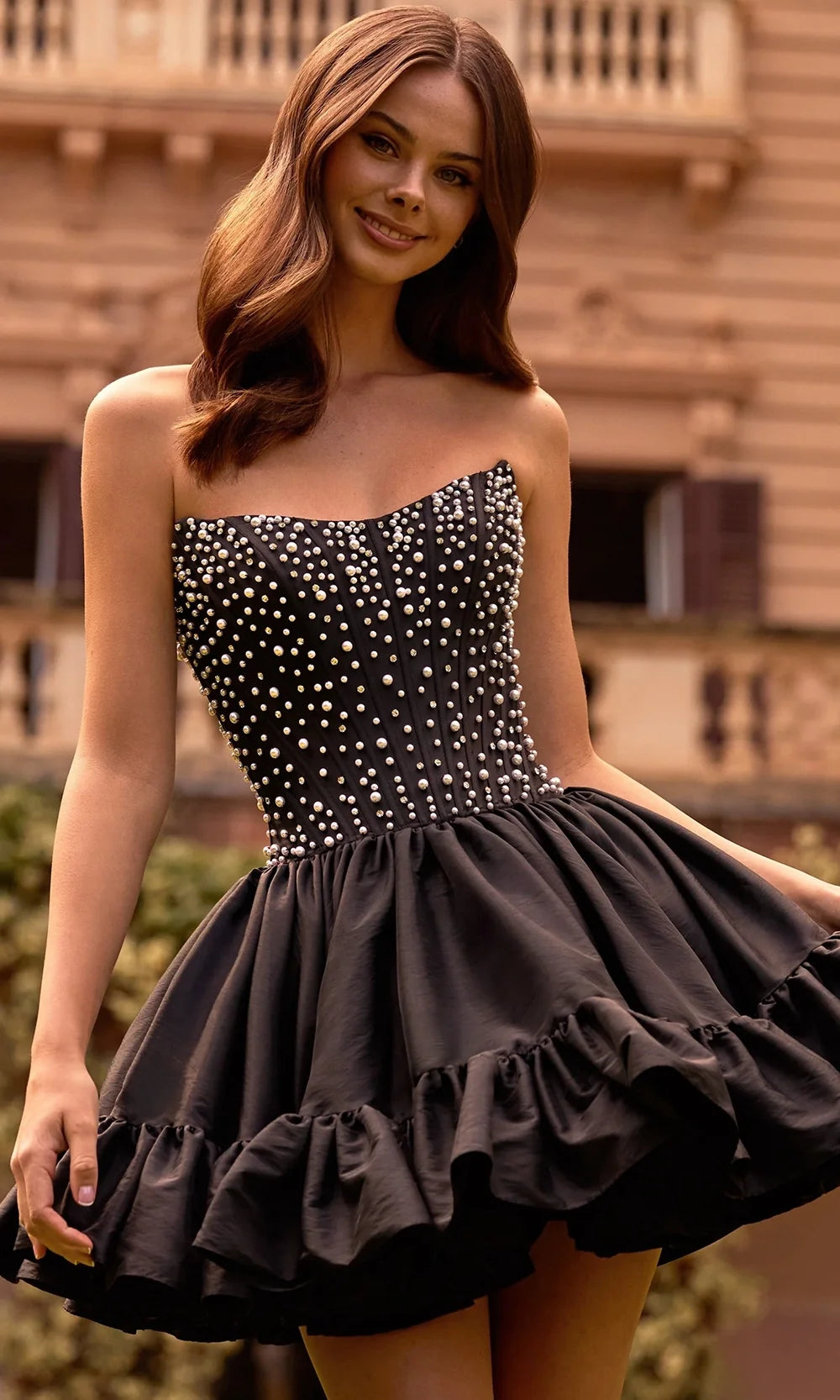 Sherri Hill 57291 - Pearl Embellished Corset Layered A-Line Dress In Black