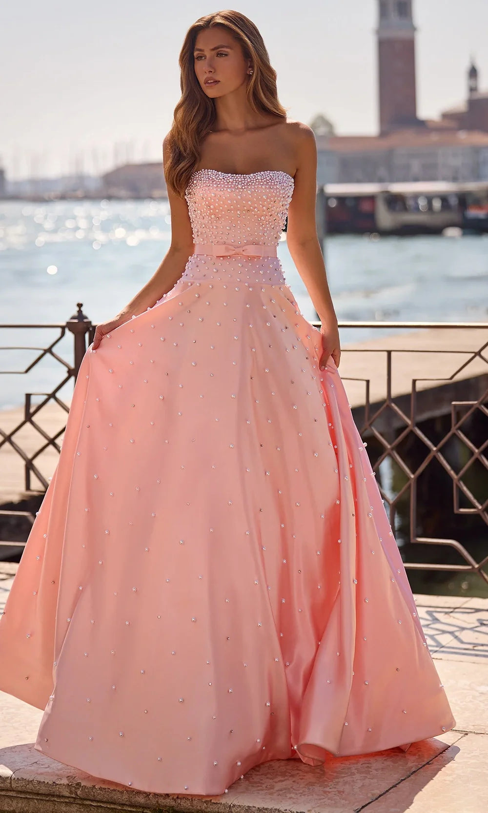 Sherri Hill 57235 - Strapless Bow Waist Gown with Pearls Prom Dresses