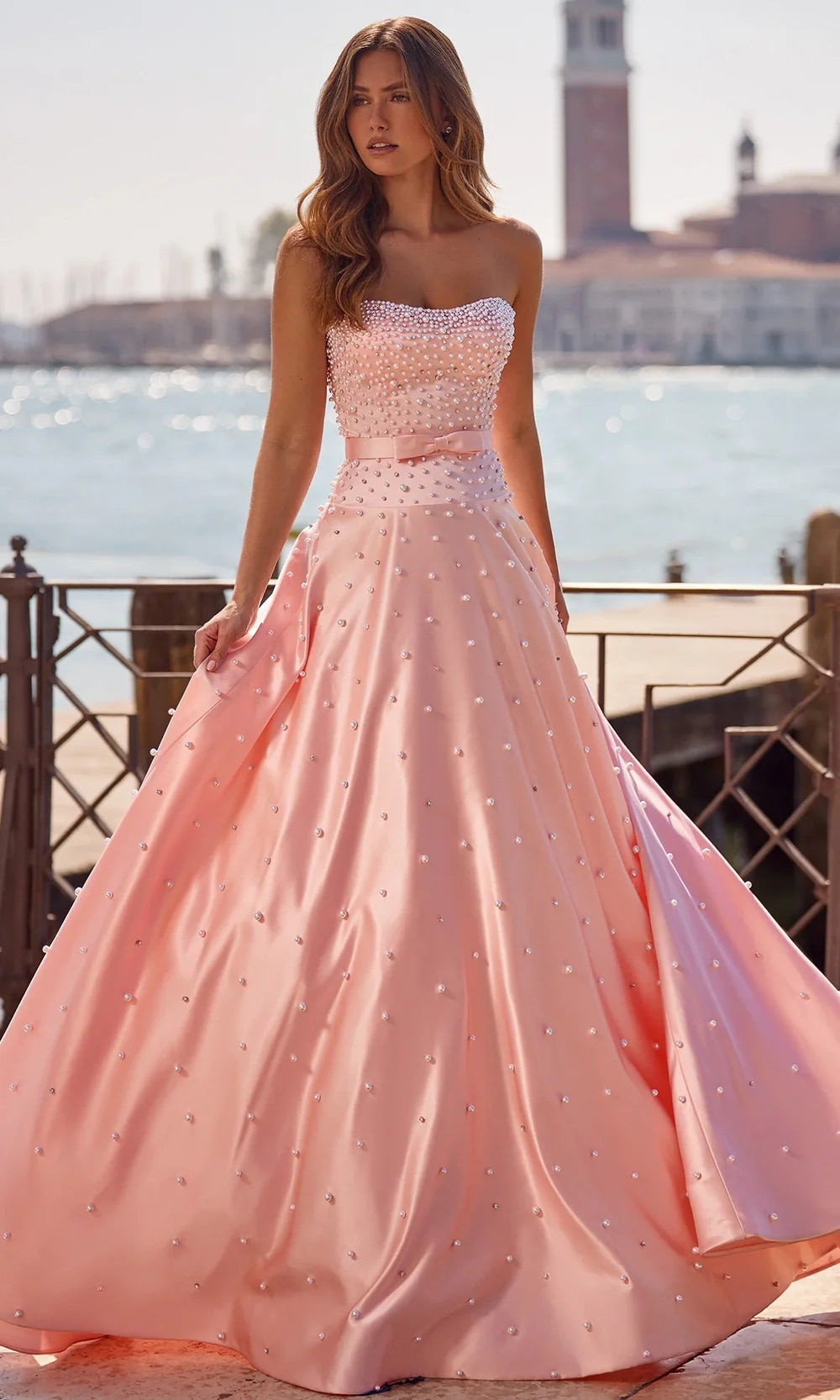 Sherri Hill 57235 - Strapless Bow Waist Gown with Pearls Prom Dresses
