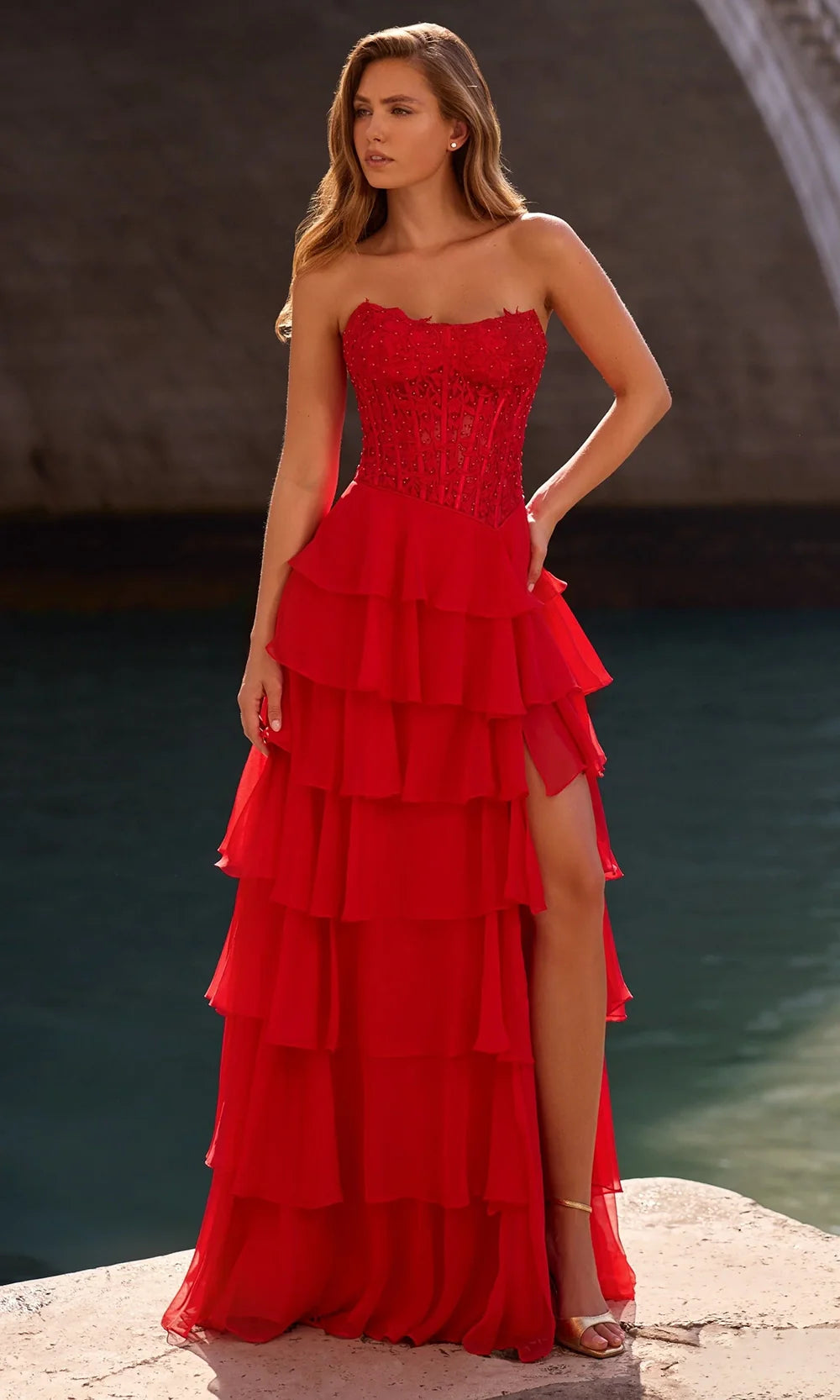 Sherri Hill 57336 - Strapless Tiered Gown with Slit Prom Dresses