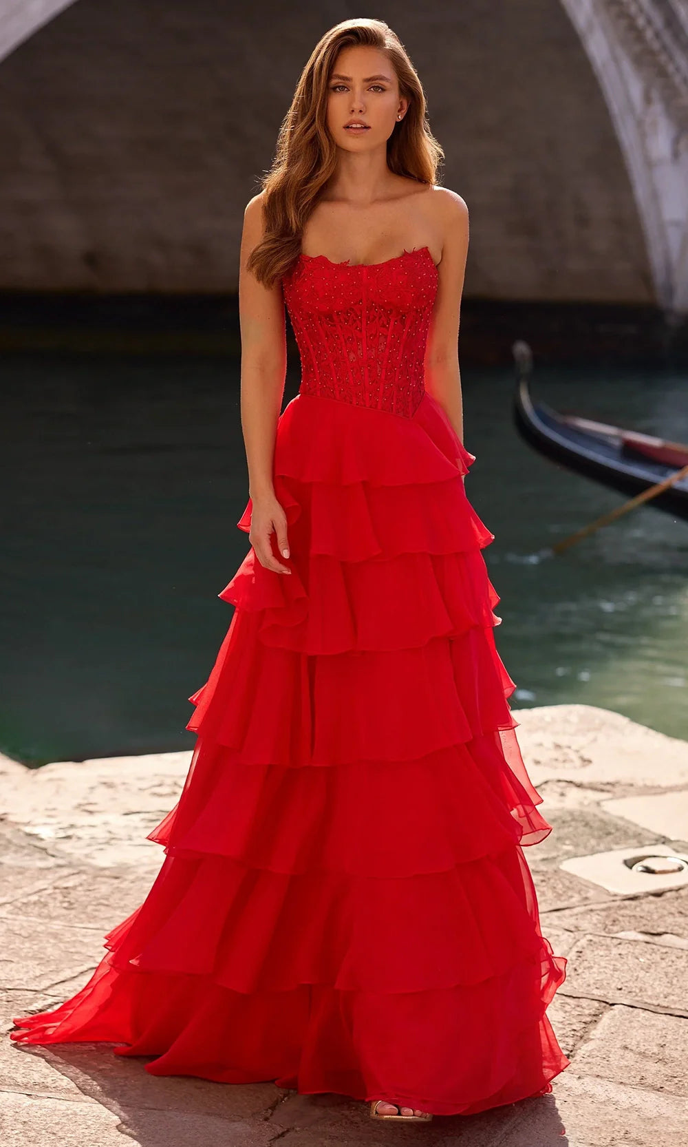 Sherri Hill 57336 - Strapless Tiered Gown with Slit Prom Dresses