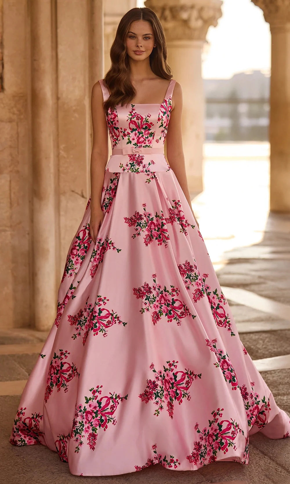 Sherri Hill 57481 - Square Floral Gown with Pleated Detail Prom Dresses