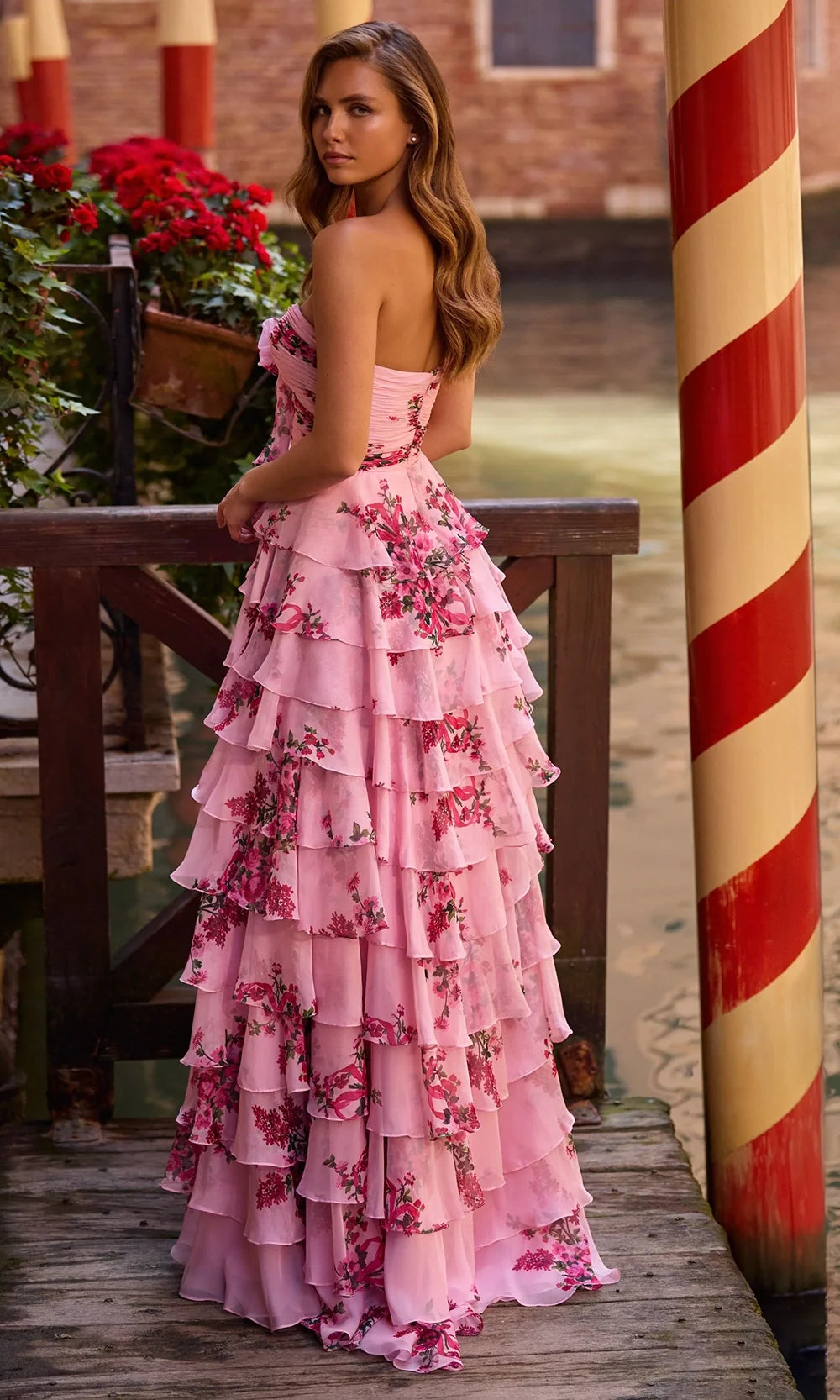 Sherri Hill 57538 - Strapless Tiered Chiffon Floral Gown Formal Gowns